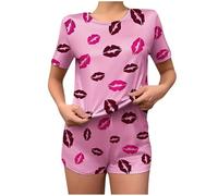 My Orders Lips Print Pyjamas for Women UK Clearance The Order Ladies Pyjamas Pjs Set Two Piece Nightwear Pj Sets Short Sleeve Pajamas Split Short Summer Loungewear Deals of the Day, UK Size S-XL Pink