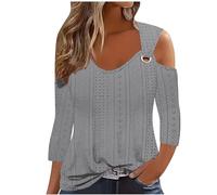 My Orders Placed 2024 Sexy Cold Shoulder Tops for Women UK Fall Fashion 3/4 Sleeve V Neck Tunic Shirts Ladies Elegant Hollow Out Eyelet Blouse Dressy Casual Solid Color Loose Fit Tee Shirts