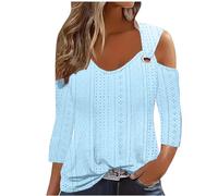 My Orders Placed 2024 Sexy Cold Shoulder Tops for Women UK Fall Fashion 3/4 Sleeve V Neck Tunic Shirts Ladies Elegant Hollow Out Eyelet Blouse Dressy Casual Solid Color Loose Fit Tee Shirts
