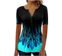 My Orders Placed 2024 Summer T Shirts for Women UK Short Sleeve Button Up V Neck Tops Trendy Pleated Henley Tunic Shirts Dressy Casual Butterfly Floral Print Blouse Ladies Elegant Going Out Tee