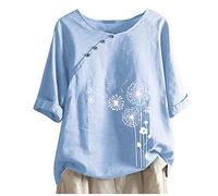 My Orders Placed Linen Tops for Women UK Summer Short Sleeve Cotton Linen Shirts 2024 Fashion Crew Neck Button Blouses Dressy Casual Dandelion Print T-Shirts Ladies Elegant Loose Fit Tee