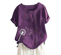 My Orders Placed Linen Tops for Women UK Summer Short Sleeve Cotton Linen Shirts 2024 Fashion Crew Neck Button Blouses Dressy Casual Dandelion Print T-Shirts Ladies Elegant Loose Fit Tee