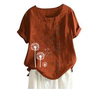 My Orders Placed Linen Tops for Women UK Summer Short Sleeve Cotton Linen Shirts 2024 Fashion Crew Neck Button Blouses Dressy Casual Dandelion Print T-Shirts Ladies Elegant Loose Fit Tee