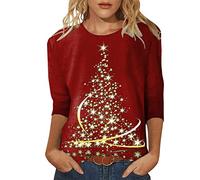 My Orders Placed Recently by Me Oversized Tops for Women Womens Daily Christmas Tree Print Crew Neck T Shirt O Neck Tops Three Quarter Sleeve Lightning Deals Today Today Deals Wine