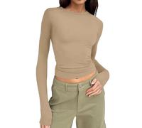 My Orders UK My Recent Orders Tops for Women UK Women’s Long Sleeve Round Neck Crop Top Tee Shirt Basic Solid Tight Slim Fit Cropped Shirt Workout Clearance Lightning Deals of Day Khaki
