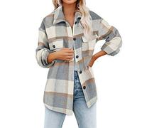 My Orders UK Women's Oversized Brushed Plaid Shirts Long Sleeve Flannel Lapel Button Down Pocketed Shacket Jacket Khaki