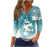 My Orders Women Casual Tops 2024 Fashion 3/4 Sleeve Button Up V Neck Shirts UK Fall Comfy Floral Marble Butterfly Print Henley Blouse Ladies Dressy Elegant Tunic Tops Going Out T-Shirt