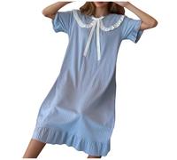 My Orders Women Girls Ribbed Sweet Nightgown Victorian Nightgown Lounge Dress The Order Peter Pan Frilly Trim Sleep Shirt Vintage Short Sleeve Sleepdress Cute Bow Ruffle Loungewear Nightdress Petite