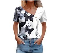 My Orders Women Summer T Shirts Trendy Short Sleeve Skew V Neck Button Tops UK 2024 Casual Butterfly Floral Print Blouses Dressy Comfy Office Work Tshirts for Ladies