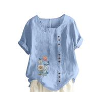 My Orders Womens Cotton Linen Tops UK Summer Short Sleeve Crew Neck Blouse 2025 Fashion Button Butterfly Dandelion Print Shirts Dressy Casual Solid Color Loose Fit T-Shirt