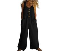 My Orders Womens Linen Jumpsuits Ladies Sleeveless Overall Casual Dungarees Baggy Playsuit Round Neck Rompers Solid Color Jumpsuit Cotton Linen Romper Office Elegant Overalls Wide Leg Trouser Black