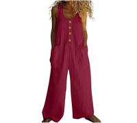 My Orders Womens Linen Jumpsuits Ladies Sleeveless Overall Casual Dungarees Baggy Playsuit Round Neck Rompers Solid Color Jumpsuit Cotton Linen Romper Office Elegant Overalls Wide Leg Trouser Red