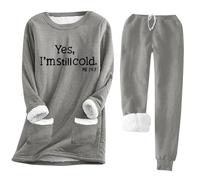 My Orders Yes I'm Still Cold Women Fleece Sets Fall Winter Thick Warm 2 Piece Outfits Long Sleeve Crewneck Jumper Tops and Drawstring Pants Casual Pullover Sweater Homewear Tracksuit with Pockets