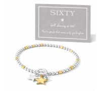 My Posh Shop 60th Birthday Star Charm Bracelet, Silver and Gold Plated Brass, Stretch, with Sentiment Card and Gift Box