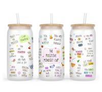 My Positive Mindset Glass Cup - Positive Affirmations Tumbler Glass - Cute Glass Tumbler With Lid And Straw - Mental Health Gifts - Cute Daily Affirmation Glass Cups - 16Oz Glass Tumbler Frosted