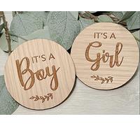 My Pretty Little Gifts It's a Girl and It's a Boy Set of 2 Wooden Disks for Pregnancy Gender Reveal Baby Annoucement, Oak,80mm