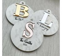 My Pretty Little Gifts Marble effect bauble with 3D mirrored letter Rose Gold, Gold or Silver. Personalised Christmas Tree Decoration