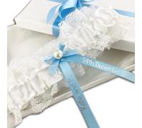 My Pretty Little Gifts Personalised Garter - White/Pale Blue with silver text - Perfect Something Blue Baby Bridal Bride to Be Wedding Hen Party (Garter & Gift Box)