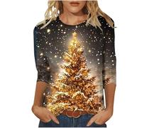 My Recent Orders Christmas 3/4 Sleeve Shirts for Women UK 2024 Fashion Crewneck Tunic Tops Funny Sparkly Glitter Xmas Tree Print Blouse Dressy Casual Lightweight Loose Fit Tee Shirts