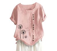 My Recent Orders Linen Tops for Women UK Summer Short Sleeve Cotton Linen Shirts 2024 Fashion Crew Neck Button Blouses Dressy Casual Dandelion Print T-Shirts Ladies Elegant Loose Fit Tee