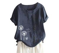 My Recent Orders Linen Tops for Women UK Summer Short Sleeve Cotton Linen Shirts 2024 Fashion Crew Neck Button Blouses Dressy Casual Dandelion Print T-Shirts Ladies Elegant Loose Fit Tee