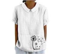 My Recent Orders Summer Linen Tops for Women UK Casual Dandelion Print Shirts 2024 Dressy Short Sleeve Lapel Neck Blouses Ladies Solid Oversized T-Shirts Going Out Blouses