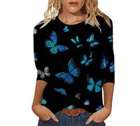 My Recent Orders Tops for Women UK Summer Women's Round Neck Seven Point Sleeve T Shirt Butterfly Print Fit T Shirt Casual Soft and Clearance Womens Sale Clearance
