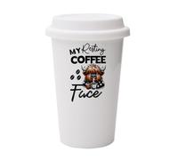 My Resting Coffee FACE Mug - Highland Cow Lover Gift - White Ceramic Travel Mug, with White Lid.
