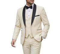 MY’S Mens 3 Piece Tuxedo Set with Bow Tie, Shawl Lapel One Button Jacket Vest & Pants, Slim Fit Suit Prom Party Wedding Tux, Cream, L