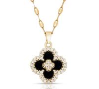 my Secret Victory Gold Plated Four Leaf Clover Pendant Necklace for Women with Black Agate and Cubic Zirconia a Lucky Clover Necklace Perfect for Every Occasion, 16 inches + 2 inches extension chain