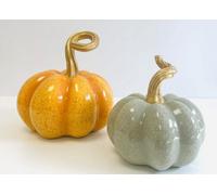 My Square Mile Decorative Ceramic Pumpkins, Indoor/outdoor Autumn Display Set, Halloween Mantle Ornaments (Set Of 2 (Orange & Grey))