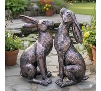 My Square Mile Garden Ornaments Bronze Effect Resin Hares Set, Indoor Outdoor Moongazing and Alert Rabbit Sculptures, W17 x H36 x D16 cm (Set Of 2)