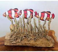 My Square Mile Handcrafted Clownfish Coral Reef Sculpture, Decorative Marine Art, Natural Driftwood Base (Triple Clownfish (30Cm))