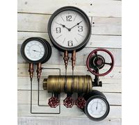 My Square Mile Industrial Steampunk Pipe Metal Gear Wall Clock with Faux Temperature Dial Display (Triple Cog Clock)