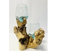 My Square Mile Molten Glass Display Bowl On Wood Root Stand Glass Rustic Ornament Sculpture Key Sweet Display Dish (XXL Tall Double)