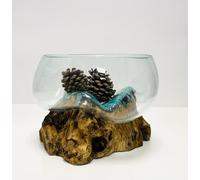 My Square Mile Molten Glass Display Bowl On Wood Root Stand | Glass Rustic Ornament Sculpture Key Sweet Display Dish (Large)