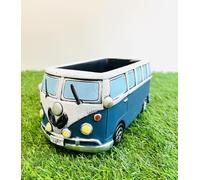 My Square Mile Retro Camper Van Decorative Planter, Blue and White, 22.5 x 12 x 10 cm, Cement Plant Pot with Drainage