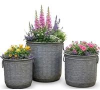 My Square Mile Rustic Galvanised Metal Planters Round Dolly, Set Of 3 | Vintage Garden Pots, With Handles, Riveted Details