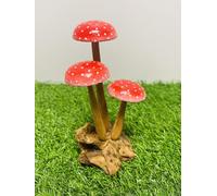 My Square Mile Wooden Mushroom Garden Ornament | Teak Wood For Indoor & Outdoor Use | Hand Carved Garden Sculpture (Red Tall 3 Mushroom)