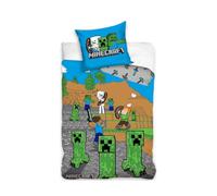 My sweety pop - Children's 2-Piece Bedding Set - Duvet Cover - 140 x 200 cm - Pillowcase - 60 x 70 cm - 100% Cotton (Minecraft - Blue/Grey/Green)