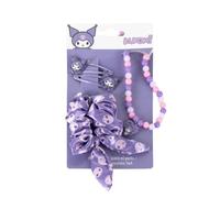 My sweety pop | Kuromi Beauty Set | 4 Accessories | Purple | Officially licensed Sanrio accessories including scrunchie pearl necklace and clips for children's style.