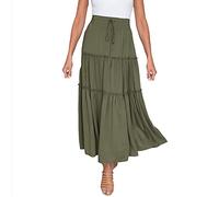 My Women's Elastic High Waist Flared Skirt with Tiered Hem and Adjustable Drawstring - Lightweight and Breathable for Everyday Wear Green M