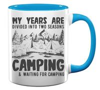 My Years are Divided Into Two Seasons Camping and Waiting Ceramic Tea Coffee Mug Light Blue