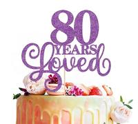 MYAMPED 80 Years Loved Cake Topper - Deep Purple Glitter 80th Birthday & Anniversary Cake Decoration for Women Men Party Supplies, Photo Booth Props