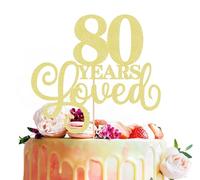 MYAMPED 80 Years Loved Cake Topper - Gold Glitter 80th Birthday & Anniversary Cake Decoration for Women Men Party Supplies, Photo Booth Props