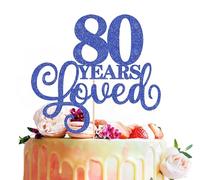 MYAMPED 80 Years Loved Cake Topper - Royal Blue Glitter 80th Birthday & Anniversary Cake Decoration for Women Men Party Supplies, Photo Booth Props