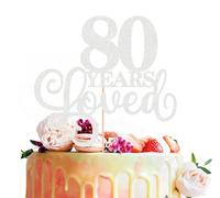 MYAMPED 80 Years Loved Cake Topper - Silver Glitter 80th Birthday & Anniversary Cake Decoration for Women Men Party Supplies, Photo Booth Props