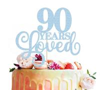 MYAMPED 90 Years Loved Cake Topper - Light Blue Glitter 90th Birthday & Anniversary Cake Decoration for Women Men Party Supplies, Photo Booth Props