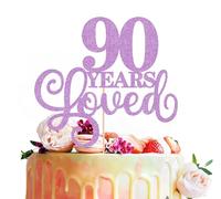 MYAMPED 90 Years Loved Cake Topper - Light Purple Glitter 90th Birthday & Anniversary Cake Decoration for Women Men Party Supplies, Photo Booth Props