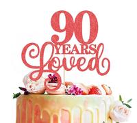 MYAMPED 90 Years Loved Cake Topper - Red Glitter 90th Birthday & Anniversary Cake Decoration for Women Men Party Supplies, Photo Booth Props